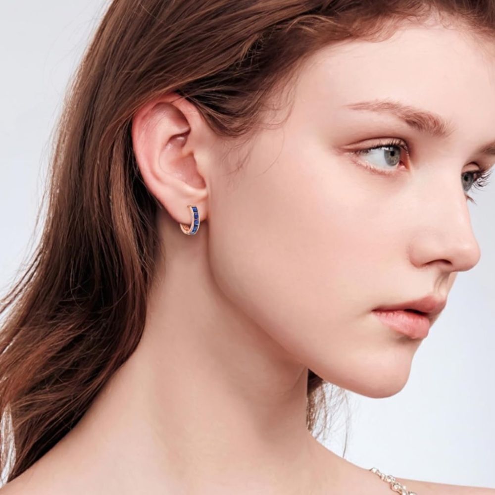 14K Rose Gold with Blue Sapphire Cubic Zirconia Princess Cut Huggie Earrings - Picture 5 of 5